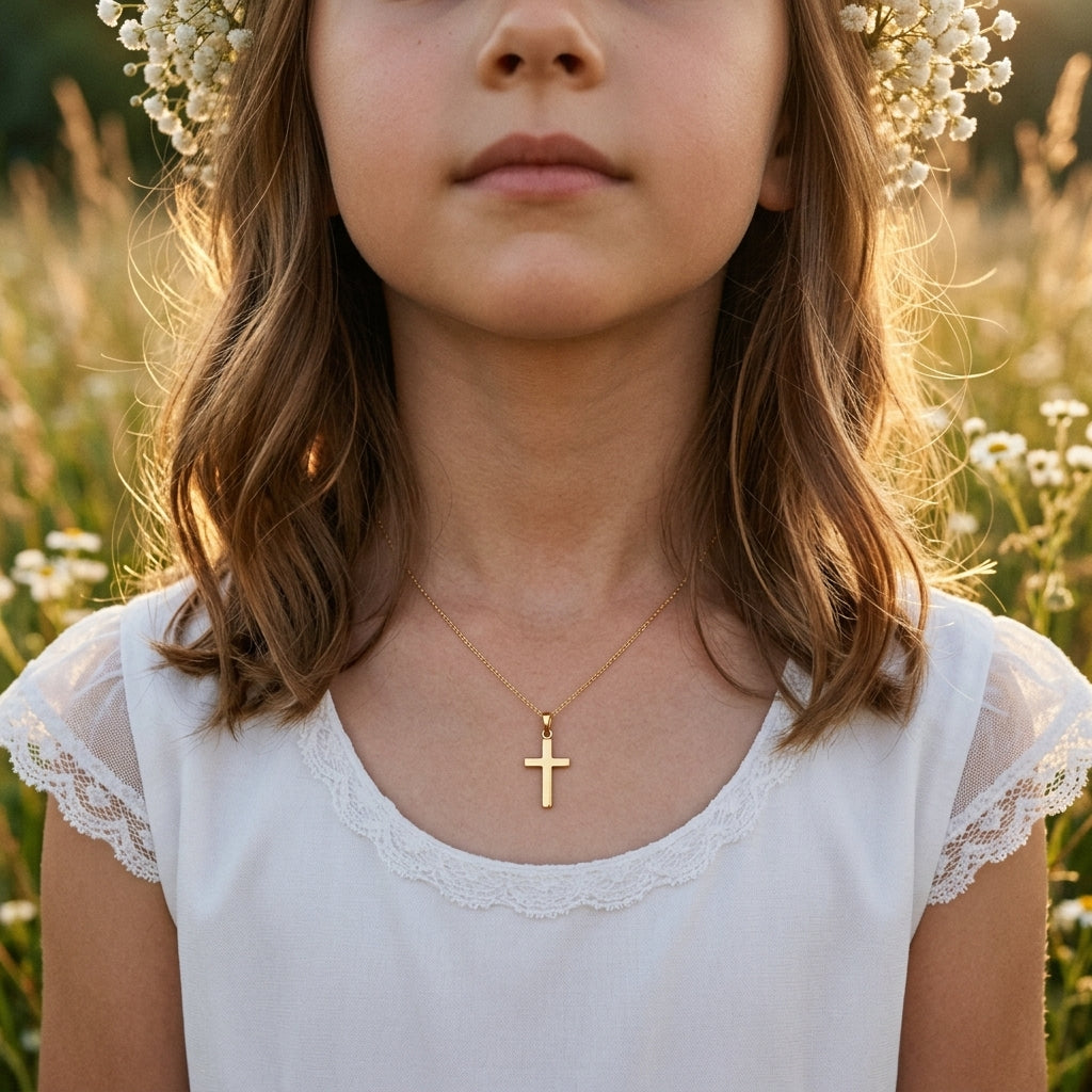 Mädchen trägt goldenen Kreuz-Anhänger Foundation an filigraner Kette, weißes Kleid mit Spitze, Blumenkranz im Haar