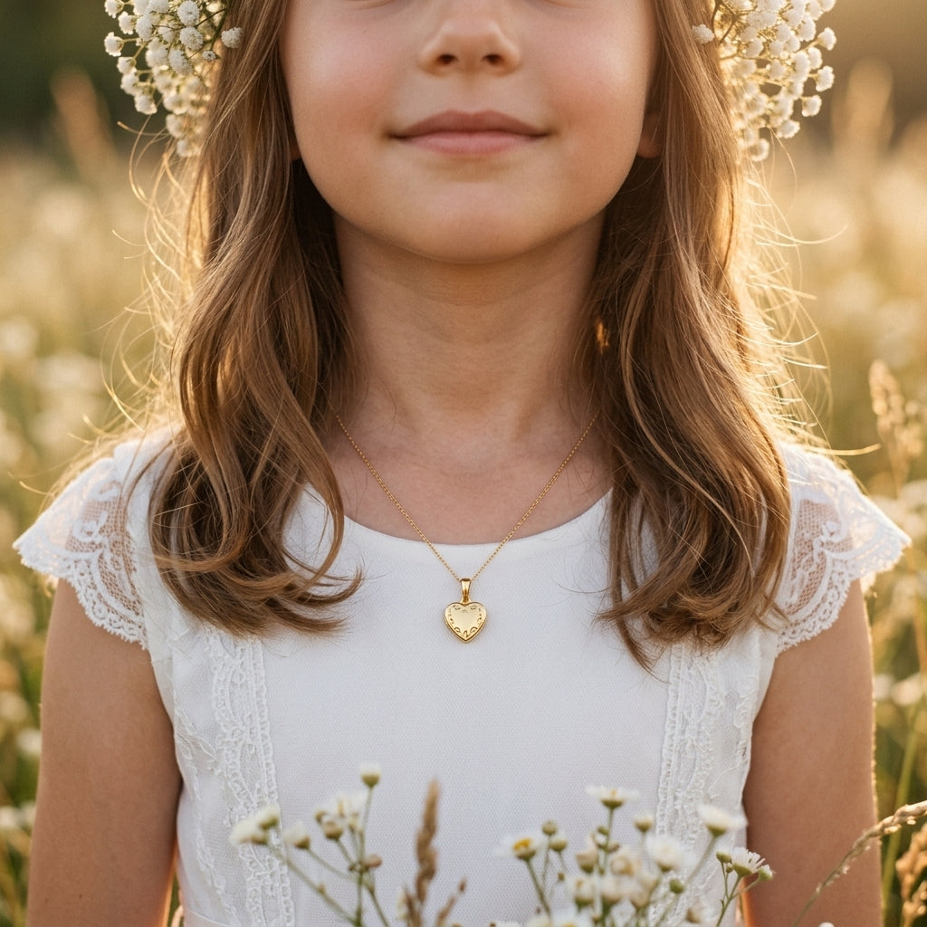 Mädchen trägt goldenes Herz-Medaillon Laurel an filigraner Kette, weißes Kleid mit Spitze, Blumenkranz im Haar