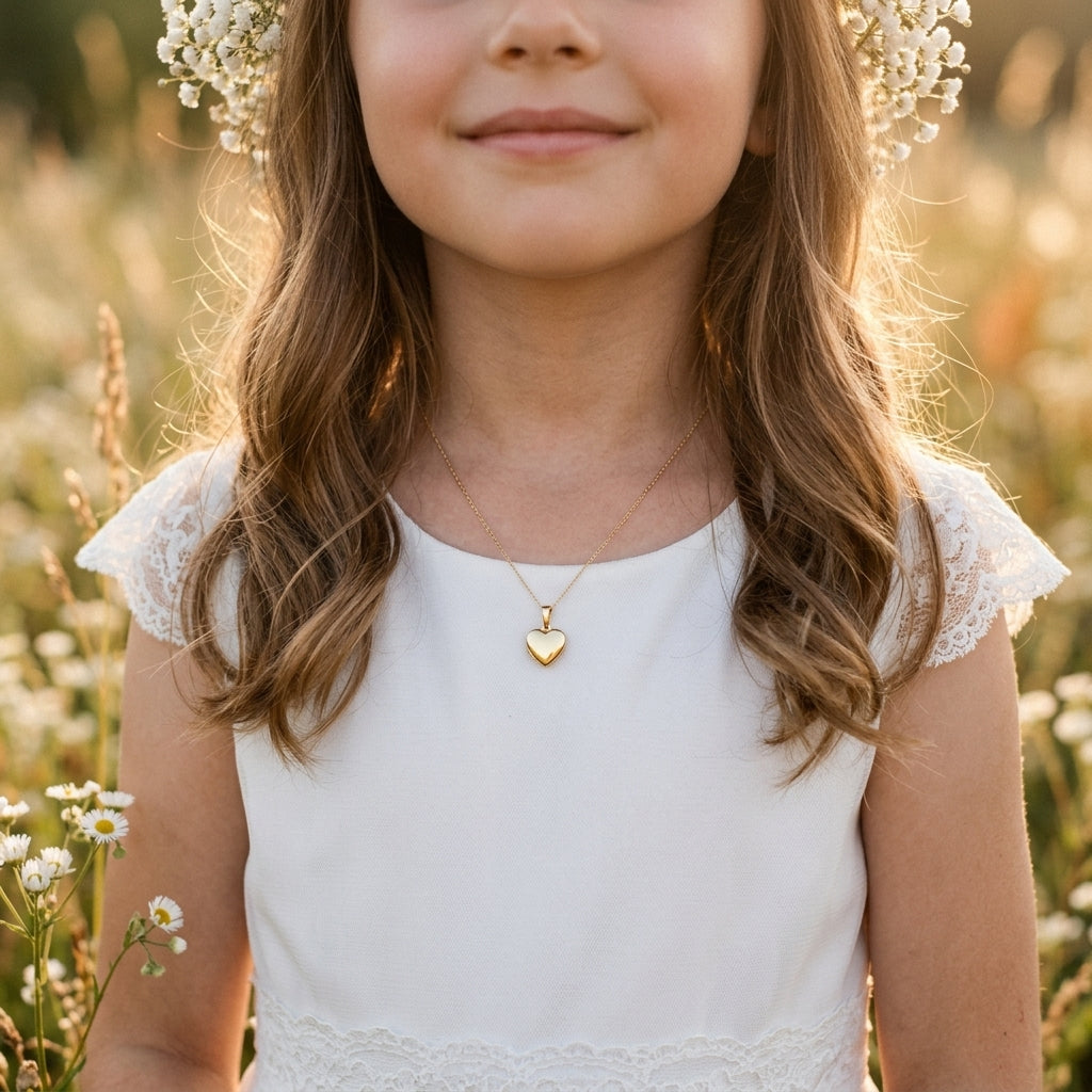 Mädchen trägt goldenes Herz-Medaillon an zarter Kette, weißes Spitzenkleid, Blumenkranz im Haar, sommerliche Wiese