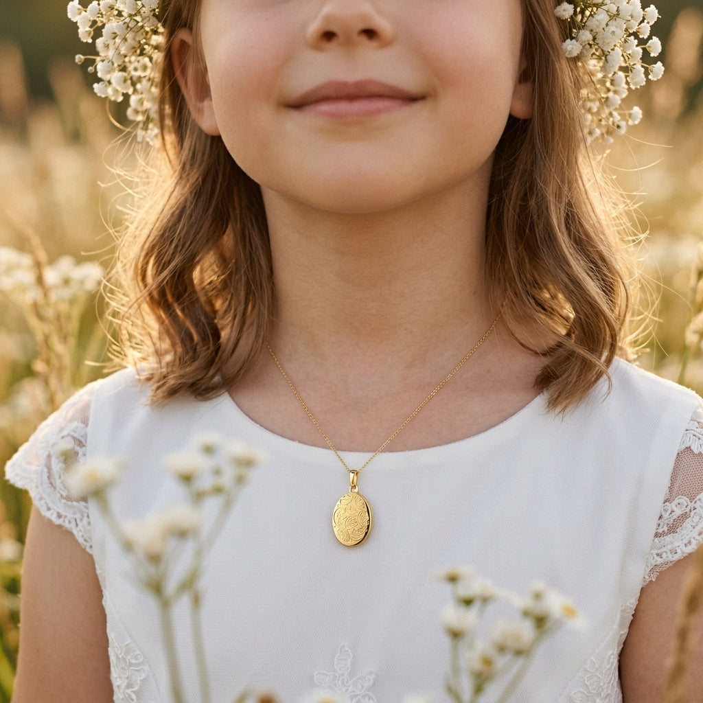 Mädchen mit goldenem Oval-Medaillon Peony an zarter Kette, weißes Kleid mit Spitze, Blumenkranz im Haar