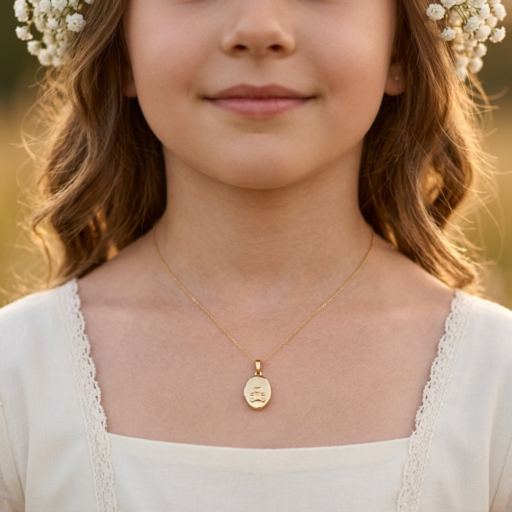 Goldenes Oval-Medaillon mit graviertem Teddybär an zarter Kette, getragen von Mädchen mit Blumenkranz
