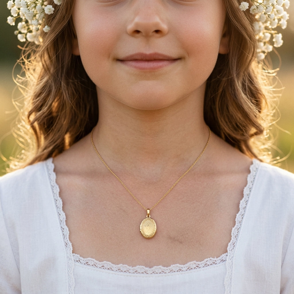 Goldenes Oval-Medaillon Willow an zarter Kette, getragen von Mädchen mit Blumenkranz und weißem Kleid