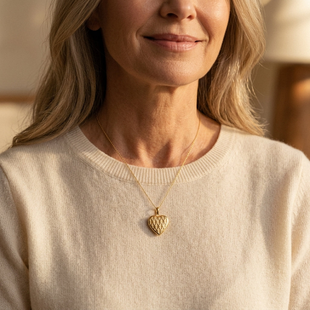 Goldenes Herz-Medaillon Losange mit geometrischem Rautenmuster an feiner Kette, getragen von Frau in cremefarbenem Pullover