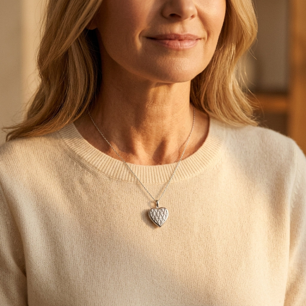 Silbernes Herz-Medaillon mit geometrischem Rautenmuster an feiner Kette, getragen am Hals über beigem Pullover