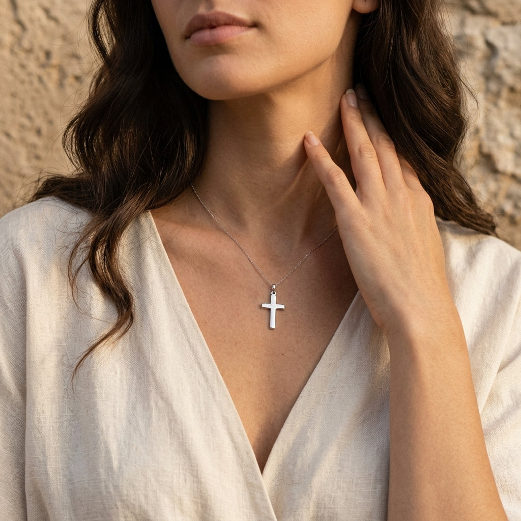 Frau trägt silbernen Kreuz-Anhänger Velvet an filigraner Kette, weißes Leinenhemd, natürliches Styling