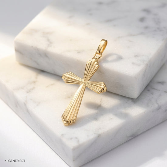 Goldener Kreuz-Anhänger Basileus mit geriffelter Oberfläche auf weißem Marmor, handgefertigt aus 585er Gold