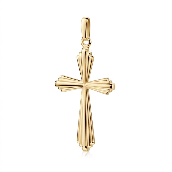 Goldener Kreuz-Anhänger Basileus mit gerillter Oberflächenstruktur und eleganten Strahlen aus 585er Gelbgold