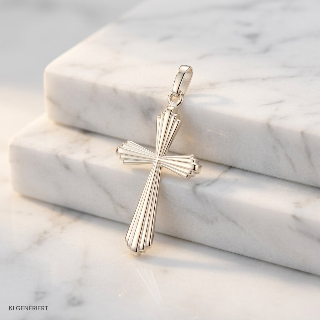 Goldener Kreuz-Anhänger Basileus mit gefächerter Rillenstruktur auf weißem Marmor