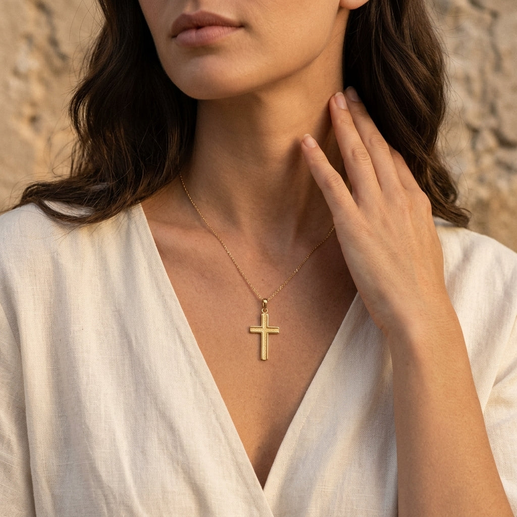Goldener Kreuz-Anhänger Center an feiner Kette, getragen von Frau in weißer Bluse vor natürlichem Hintergrund