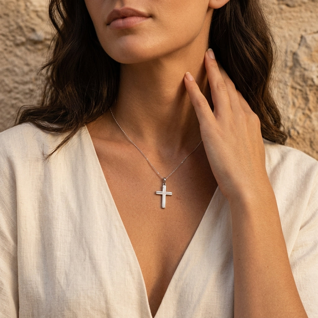 Frau trägt silbernen Kreuz-Anhänger Holy an filigraner Kette, Hand am Hals, weißes Leinenhemd vor Naturstein-Hintergrund