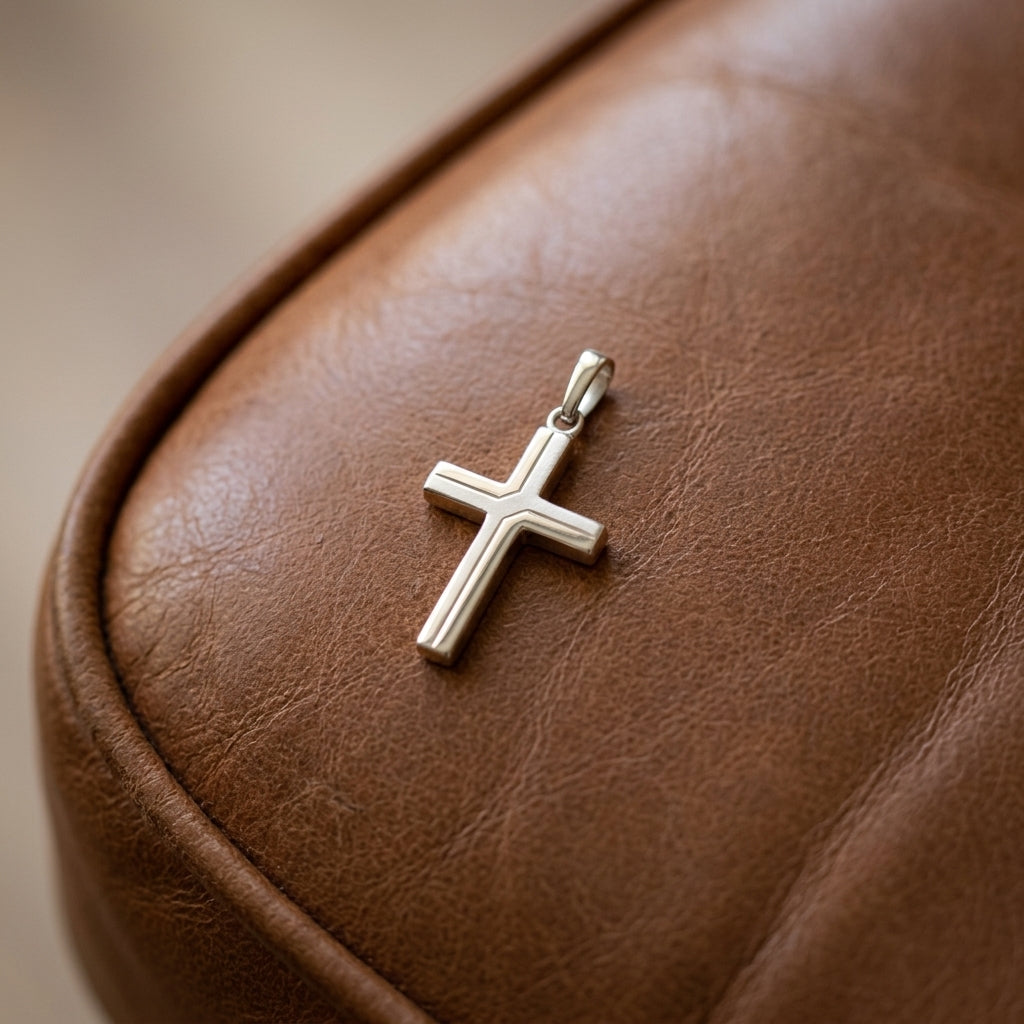 Silberner Kreuz-Anhänger Holy auf braunem Leder, polierte Oberfläche mit dezenter Linienführung, handgefertigt