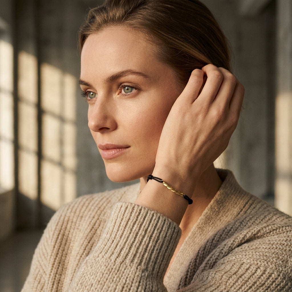 Frau mit blonden Haaren trägt goldenes Armbändchen Breeze mit schwarzen Akzenten am Handgelenk, beiger Strickpullover