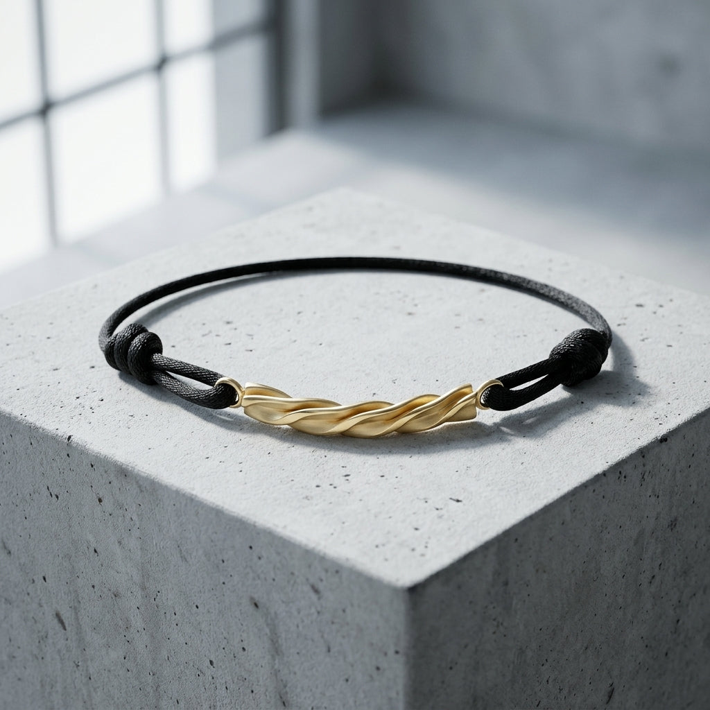 Schwarzes Lederarmband mit goldener gedrehter Spirale als Mittelelement auf grauem Betonwürfel
