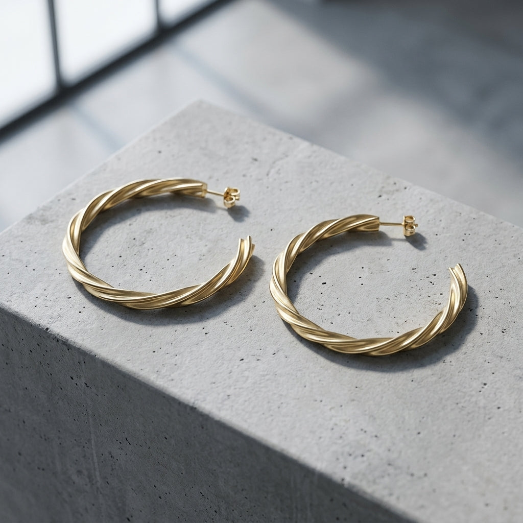 Goldene Creolen mit gedrehter Struktur auf grauem Stein, handgefertigt aus echtem Gold, Aurevia Breeze large