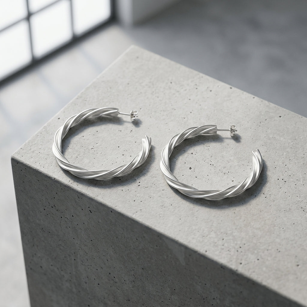 Silberne Creolen Breeze large mit gedrehtem Design auf grauem Betonblock, hochwertige Handarbeit aus Pforzheim