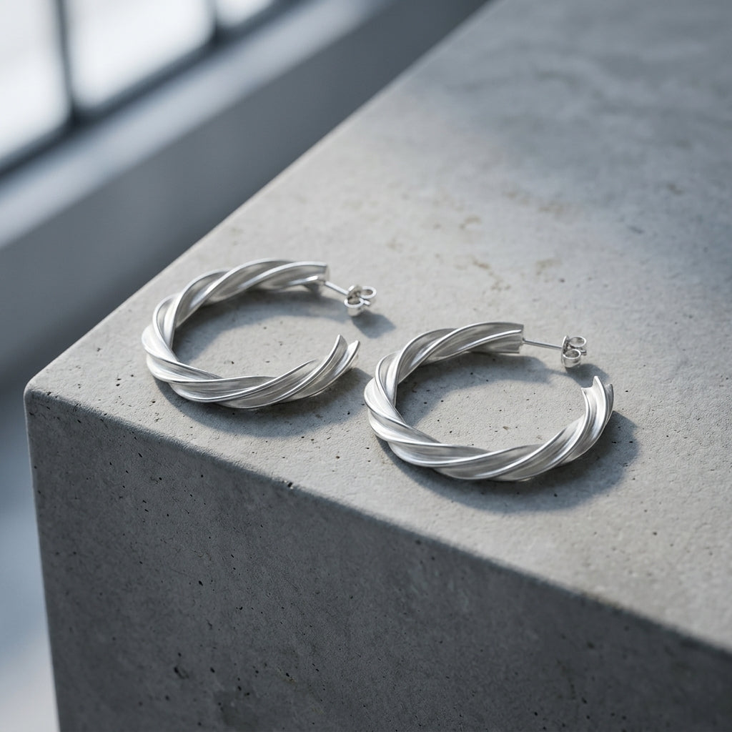 Silberne Creolen mit gedrehtem Design auf grauem Betonblock, Breeze Ohrringe aus 925er Sterlingsilber von Aurevia