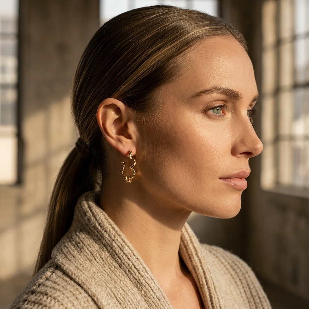 Frau im Profil trägt goldene Helix Creolen mit gewellter Struktur aus Edelmetall, sleek zurückgebundenes Haar