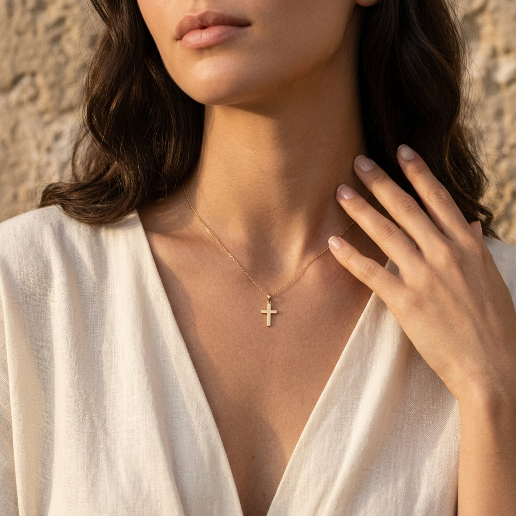 Frau trägt goldenen Kreuz-Anhänger Essence Petit an filigraner Kette, weißes Leinenoberteil, natürliches Sonnenlicht