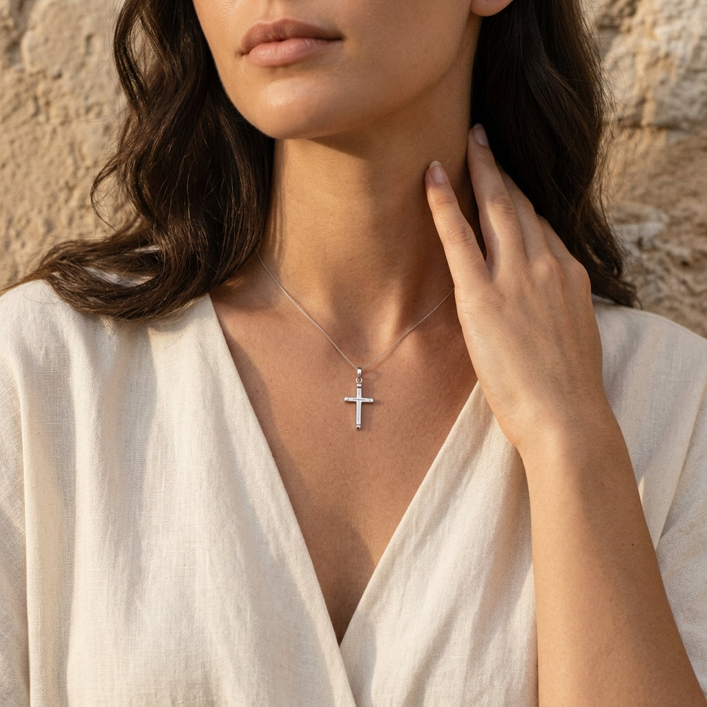 Frau trägt silbernen Kreuz-Anhänger Horizon an filigraner Kette, weißes Leinenhemd, natürliches Sonnenlicht