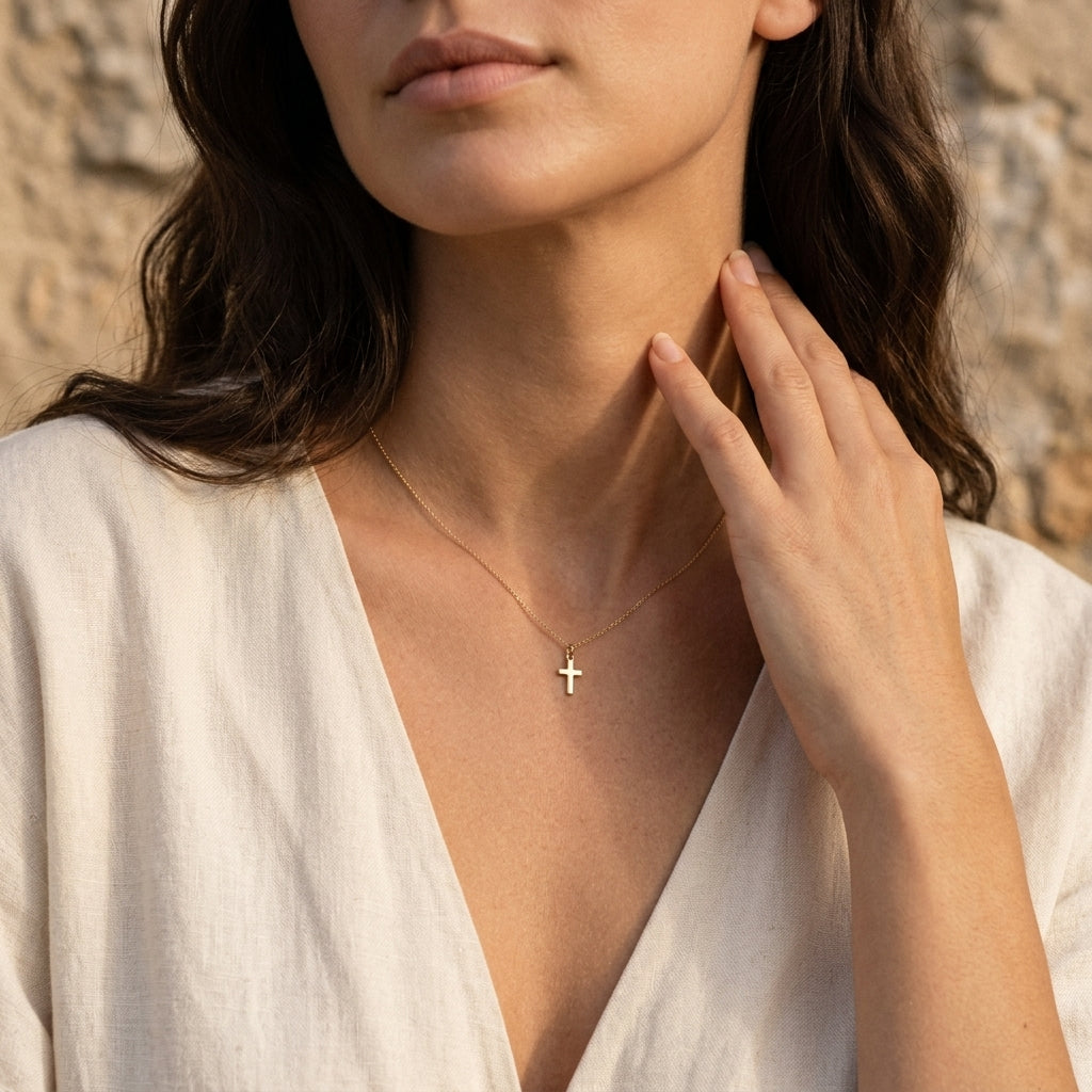 Frau trägt goldenen Kreuz-Anhänger Essence Mini an filigraner Kette, weißes Leinenhemd, natürliches Sonnenlicht
