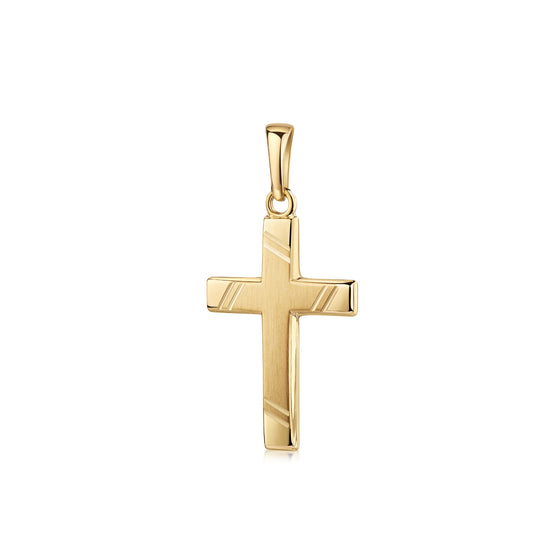 Goldener Kreuz-Anhänger mit mattierten und polierten Flächen, diagonale Liniendetails, Aurevia Manufaktur