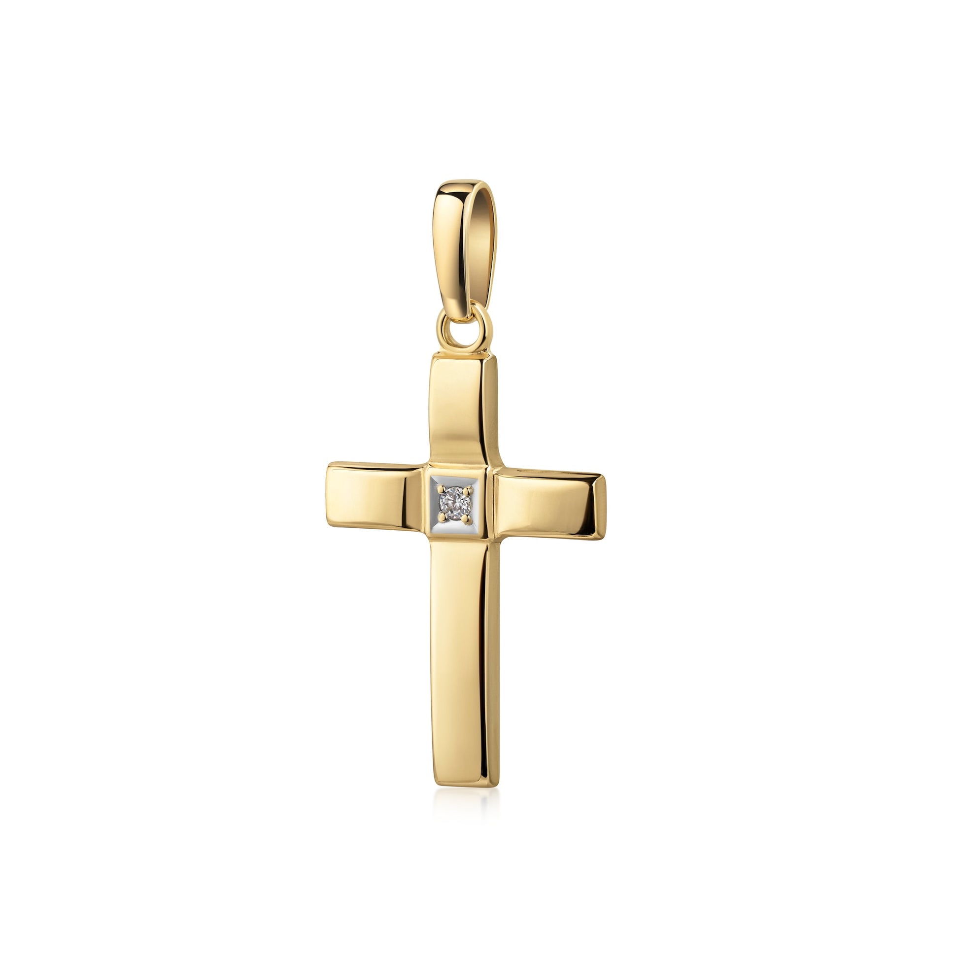 Goldener Kreuz-Anhänger mit zentralem Zirkonia, polierte Oberfläche, elegantes Design aus der Blessing-Kollektion