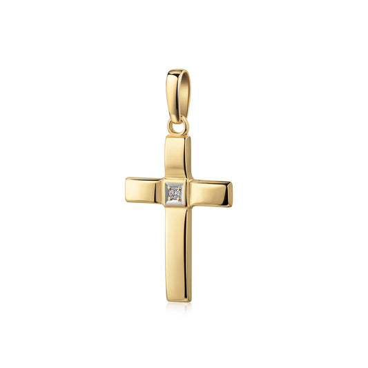 Goldener Kreuz-Anhänger mit zentralem Zirkonia, polierte Oberfläche, elegantes Design aus der Blessing-Kollektion