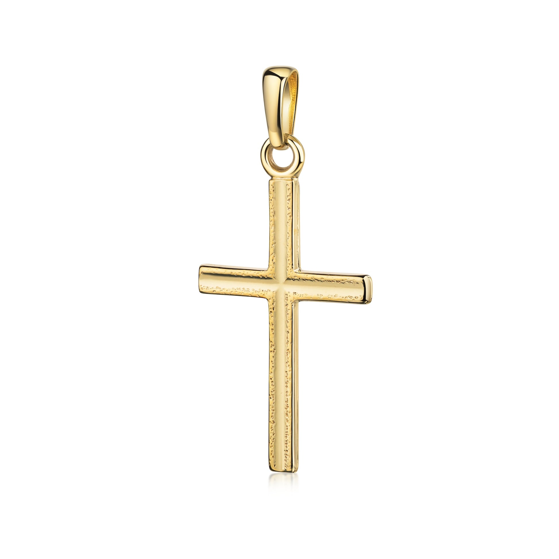 Goldener Kreuz-Anhänger Centro mit feiner Zierkante, polierte Oberfläche, hochwertige Goldschmiedearbeit aus Pforzheim