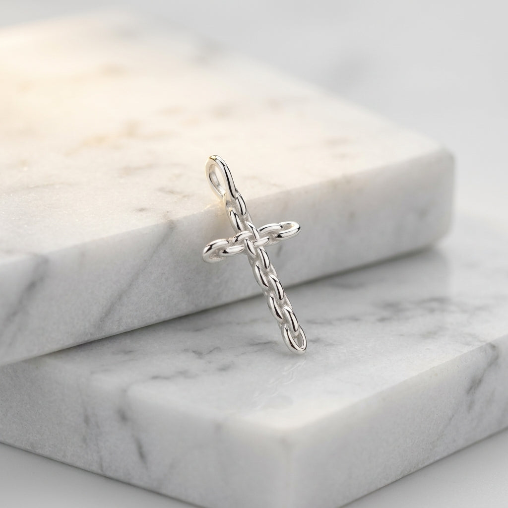Silberner Kreuz-Anhänger mit Kettenmuster auf weißem Marmor, handgefertigt aus 925er Sterlingsilber