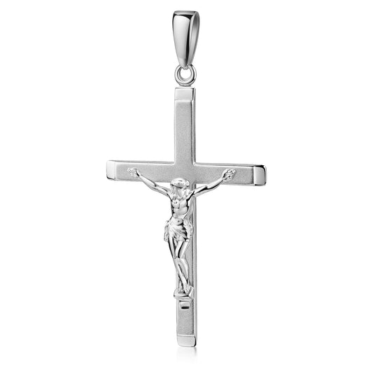 Silberner Kreuzanhänger mit detailliertem Christus-Korpus, matter Kreuzbalken mit glänzenden Akzenten, Aurevia Manufaktur