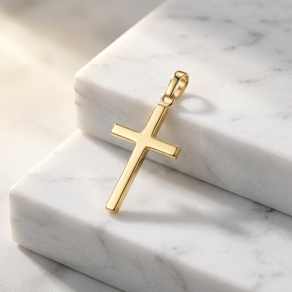 Goldener Kreuz-Anhänger Core Moyen auf weißem Marmor, polierte Oberfläche, minimalistisches Design mit Öse