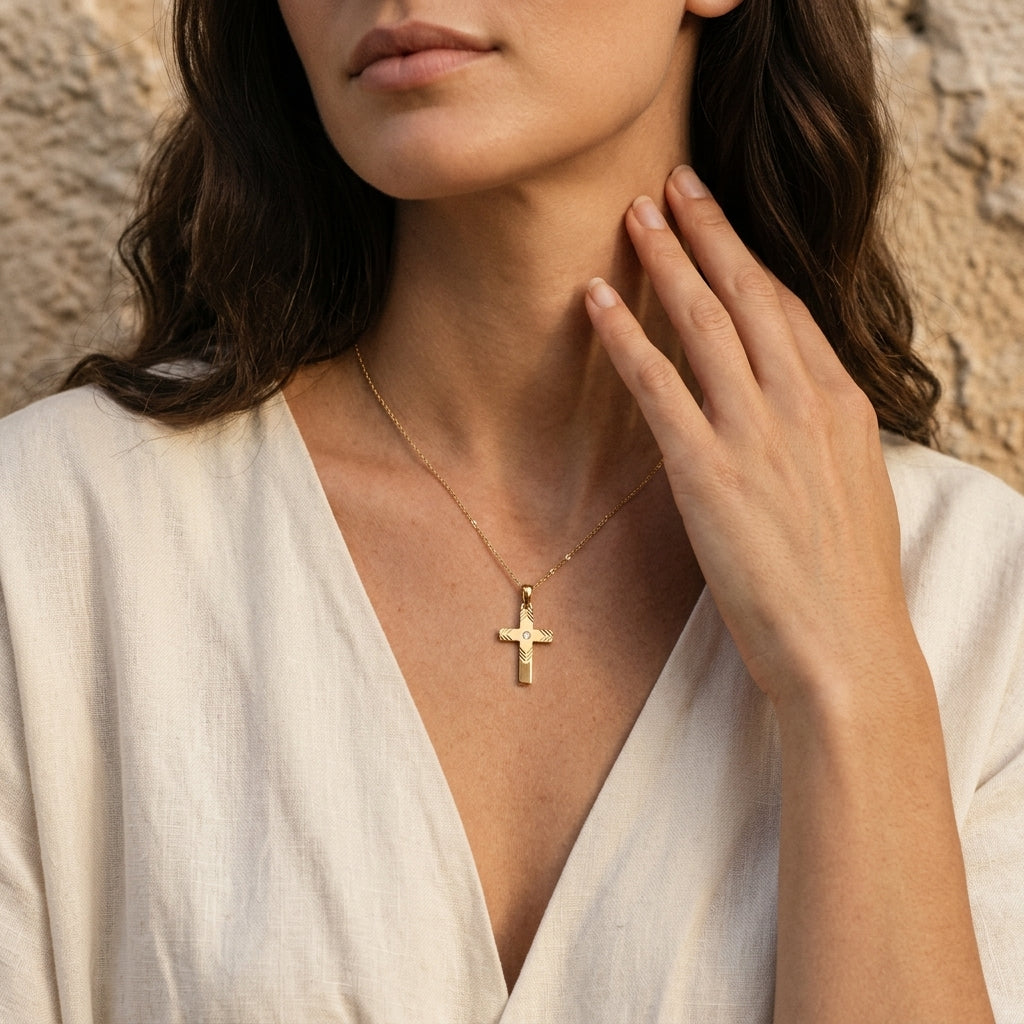 Frau trägt goldenen Kreuz-Anhänger mit Zirkonia an filigraner Kette, weißes Leinenhemd, natürlicher Look