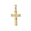 Goldener Kreuz-Anhänger mit Zirkonia in der Mitte und chevronartigen Gravuren an den Enden, hochglanzpoliert
