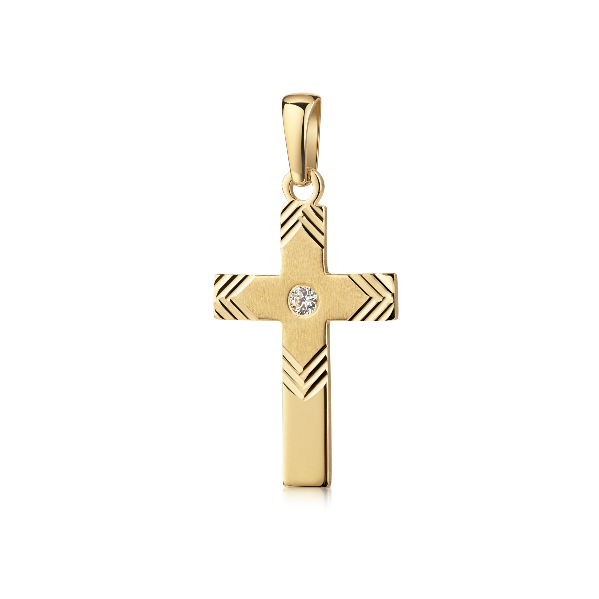 Goldener Kreuz-Anhänger mit Zirkonia in der Mitte und chevronartigen Gravuren an den Enden, hochglanzpoliert