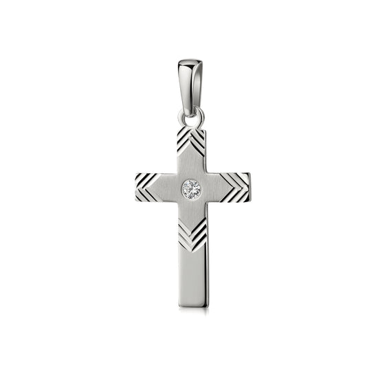 Silberner Kreuzanhänger mit Zirkonia-Stein in der Mitte und geometrischem Chevron-Muster an den Enden