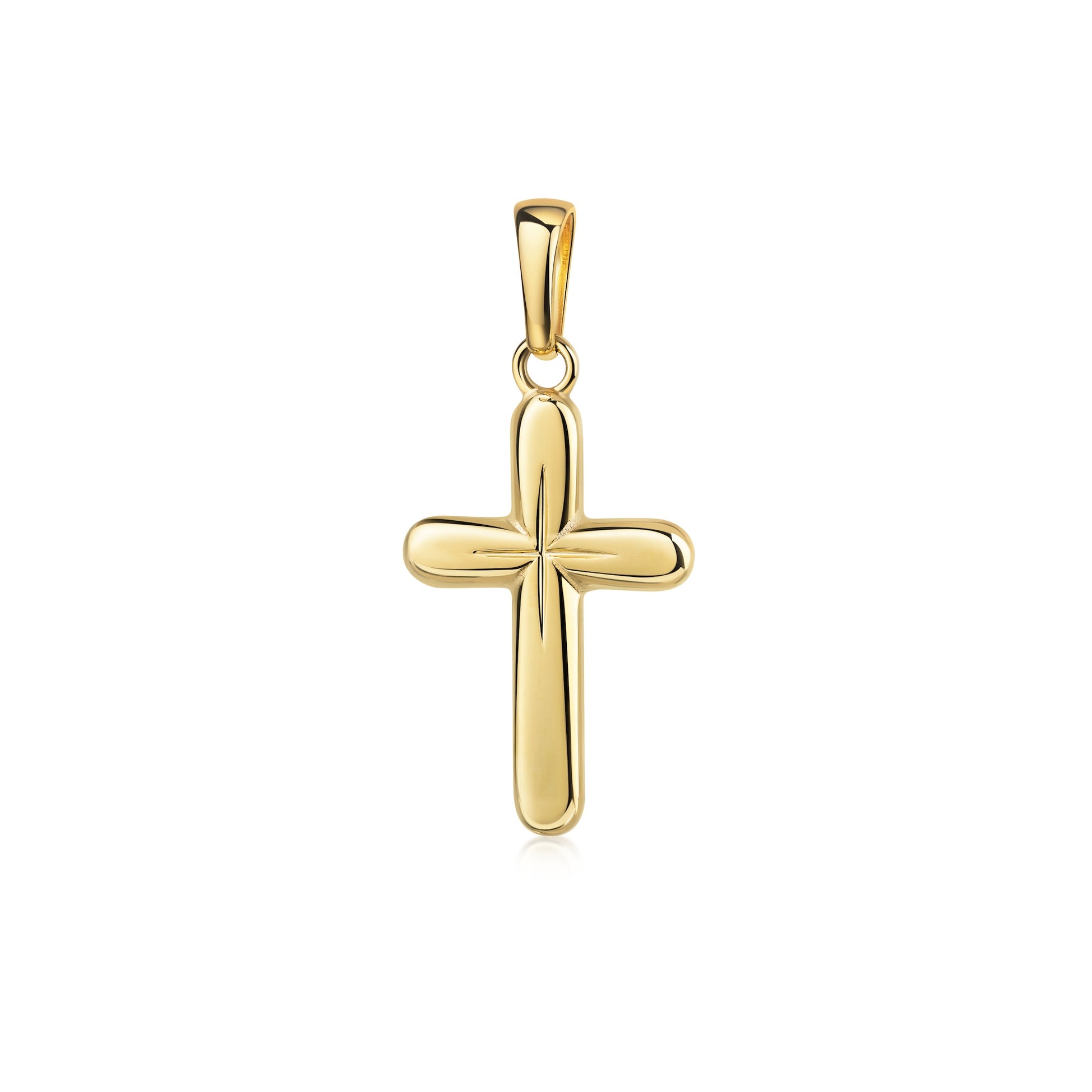 Goldener Kreuzanhänger mit abgerundeten Enden und polierter Oberfläche, Gelbgold, mit Öse für Kette