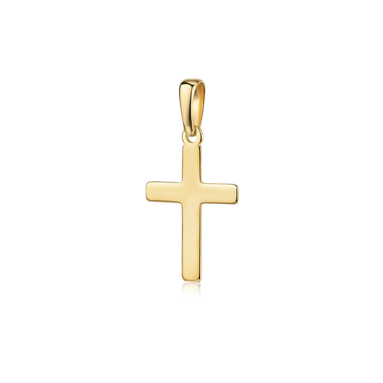 Goldener Kreuz-Anhänger Essence Petit mit polierter Oberfläche und Öse, aus massivem Gold gefertigt
