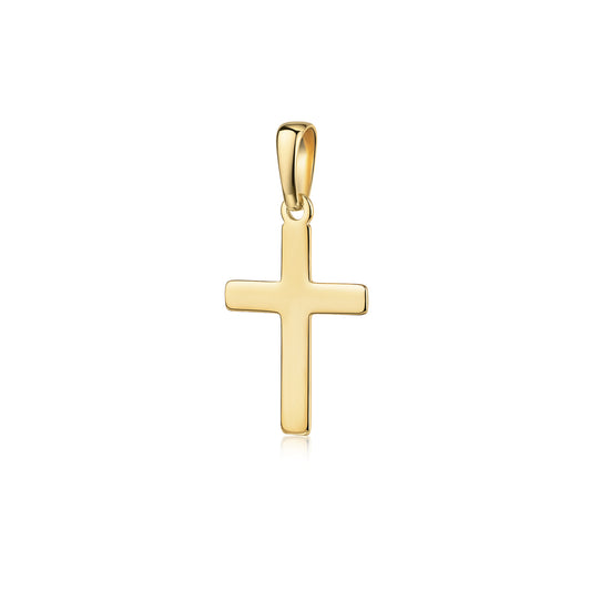Goldener Kreuz-Anhänger Essence Petit mit polierter Oberfläche und Öse, aus massivem Gold gefertigt