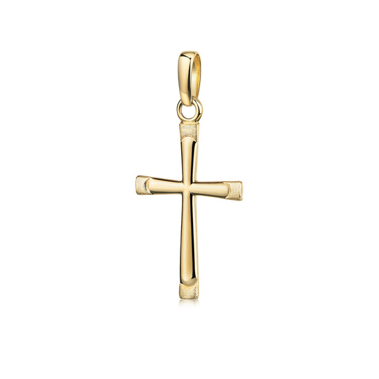 Goldener Kreuzanhänger mit mattierten Details an den Enden, polierte Oberfläche, klassisches Design mit Öse