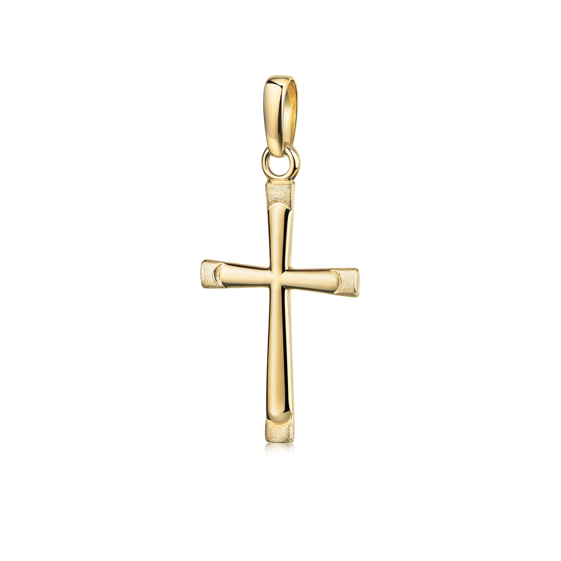 Goldener Kreuzanhänger mit mattierten Details an den Enden, polierte Oberfläche, klassisches Design mit Öse