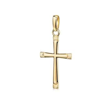 Goldener Kreuzanhänger mit mattierten Details an den Enden, polierte Oberfläche, klassisches Design mit Öse
