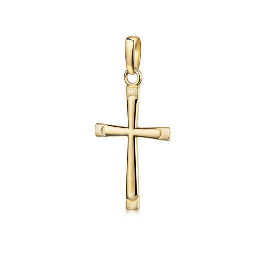Goldener Kreuzanhänger mit mattierten Details an den Enden, polierte Oberfläche, klassisches Design mit Öse