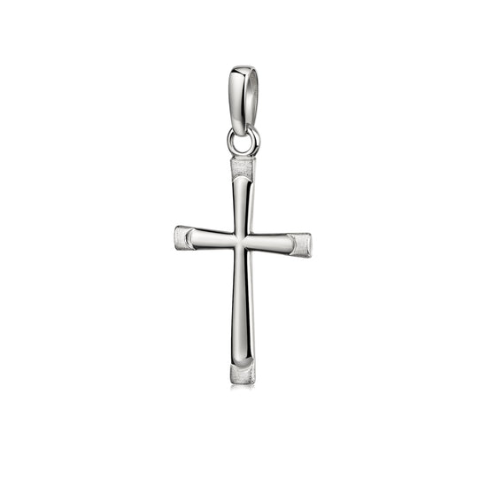Silberner Kreuzanhänger mit mattierten Details an den Enden, polierte Oberfläche, klassisches Design mit Öse