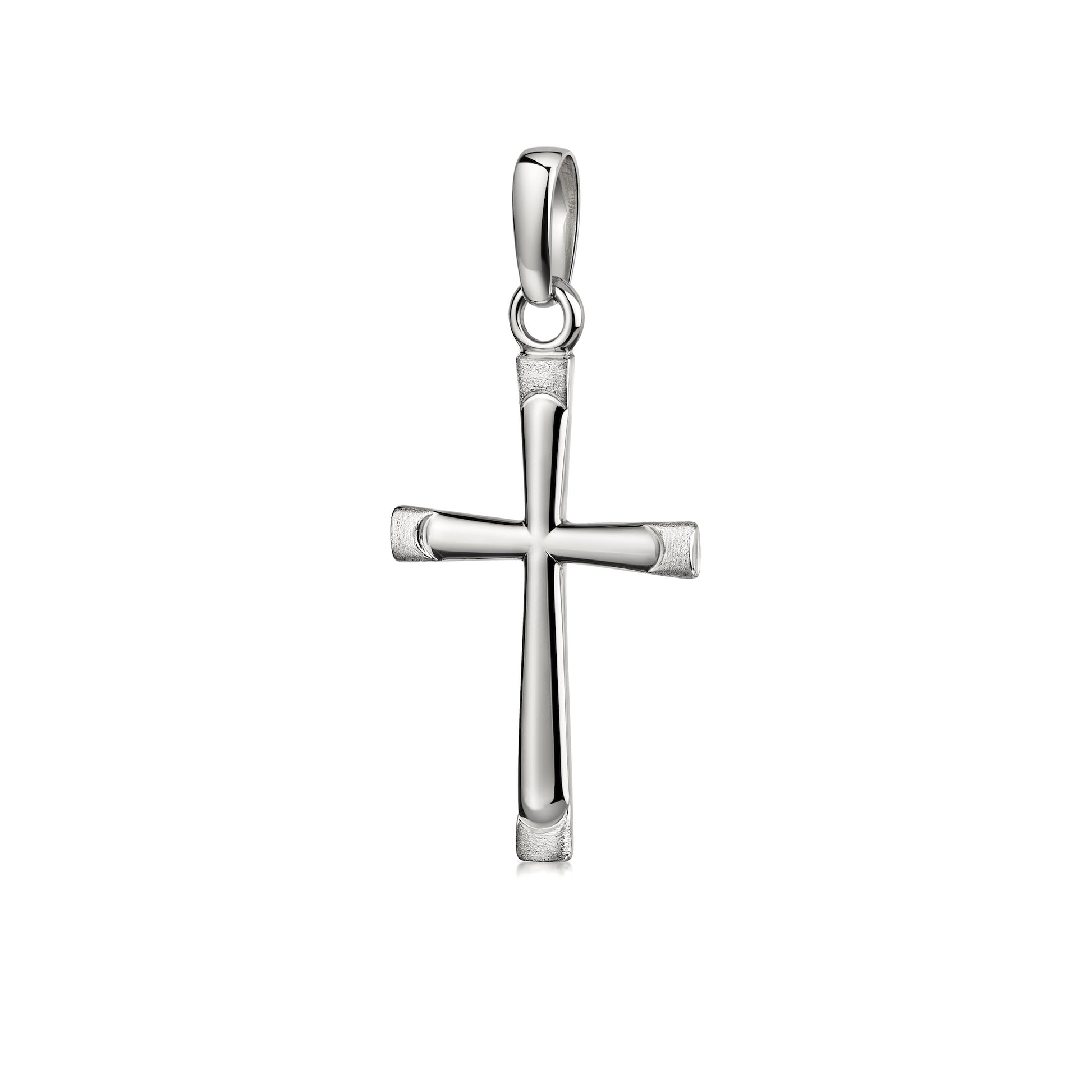 Silberner Kreuzanhänger mit mattierten Details an den Enden, polierte Oberfläche, klassisches Design mit Öse