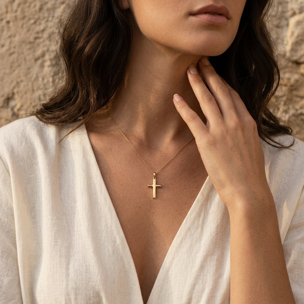 Frau trägt goldenen Kreuz-Anhänger Exelsis an feiner Kette, Hand am Hals, weißes Leinenhemd, natürlicher Look