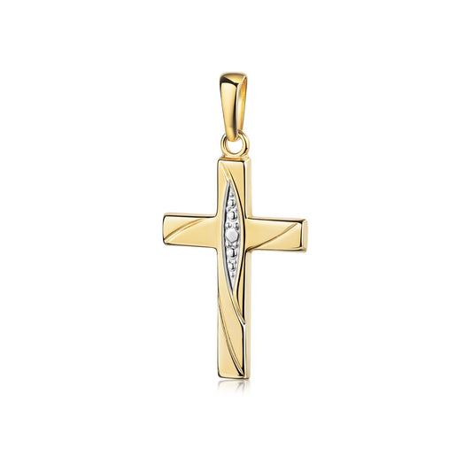 Goldener Kreuzanhänger mit diagonalem Wellenmuster und kleinen Diamanten im Zentrum, polierte Oberfläche