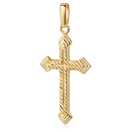 Goldener Kreuzanhänger Grace mit diagonalem Linienmuster, 14 Karat Gold, flache Kanten, polierte Oberfläche