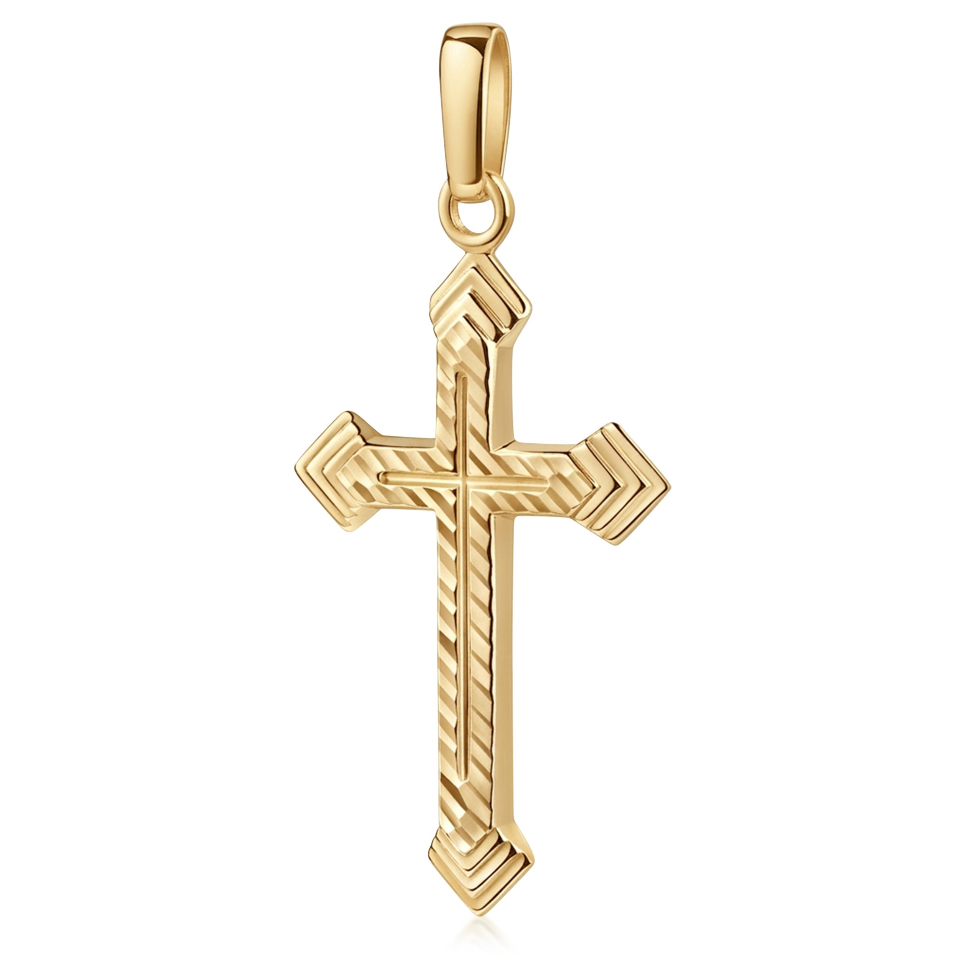 Goldener Kreuzanhänger Grace mit diagonalem Linienmuster, 14 Karat Gold, flache Kanten, polierte Oberfläche