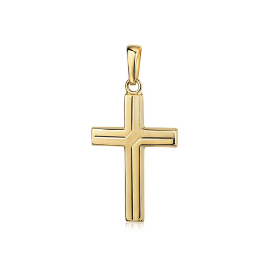 Goldener Kreuz-Anhänger Holy mit mattierter Oberfläche und polierten Kanten, klassisches Design aus massivem Gelbgold