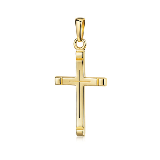 Goldener Kreuz-Anhänger Horizon mit polierten Kanten und matter Mittelfläche, eleganter Schmuck aus Gelbgold